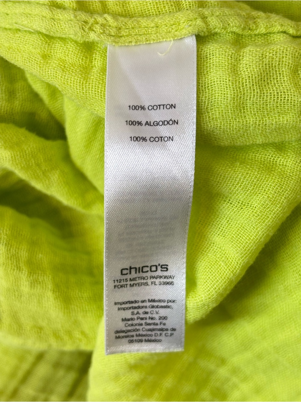 Chico's Neon Lime Button-Front Gauze Cotton Shirt, Large, wrinkle free! - Picture 5 of 5